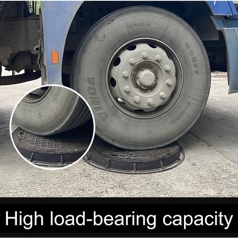 Truck wheel on Heavy-Duty 16 Inch Cast Iron Manhole Cover And Frame For 15 Inch Corrugated Pipe, 28100 Lbs Rated Driveway Septic Tank Lid