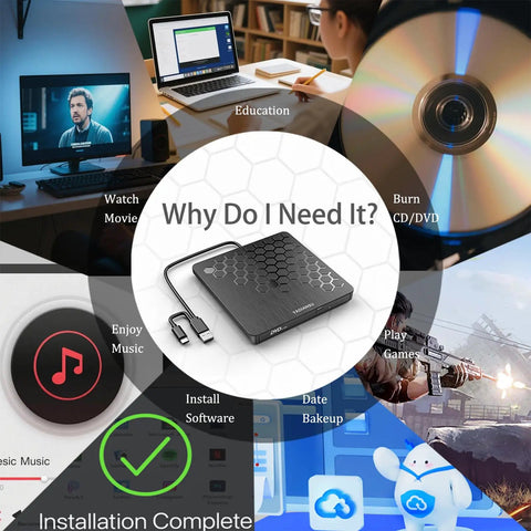 Ultra Slim External CD DVD Drive USB 3.0 Type-C No Fuss Plug And Play Optical Burner For Laptops Desktops And PCs Read Write Burn CD DVD On Windows Mac Linux Compact Black shown with USB-C cable