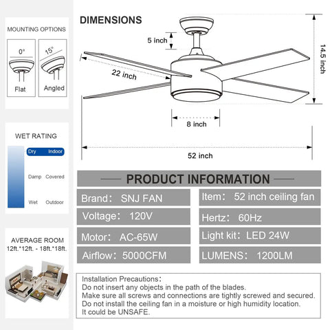 Dimensions and specifications of the 52 Inch Brushed Nickel And Black Ceiling Fan With Lights And Remote, Tri Color LED Temperature Options, Quiet Reversible Motor, Dope Sleek Modern Indoor Ceiling Fan For Bedroom.