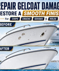 Heavy Duty White Fiberglass Boat Repair Kit With Tough As Nails Gel Coat Paste To Patch Pits Cracks Gouges On Jet Skis Kayaks And Any Marine Rig Fast Cure before and after boat hull repair showing smooth finish.
