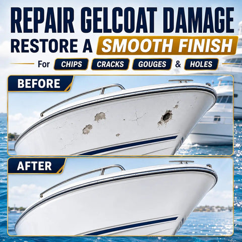Heavy Duty White Fiberglass Boat Repair Kit With Tough As Nails Gel Coat Paste To Patch Pits Cracks Gouges On Jet Skis Kayaks And Any Marine Rig Fast Cure before and after boat hull repair showing smooth finish.
