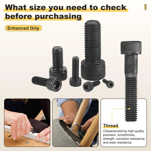 Boss Level 25PC Hex Socket Head Cap Screw Kit With M8 Size 30 35 40 45 50mm Black Steel Fasteners Perfect For Sick DIY Furniture Repair Plumbing Woodworking And Industrial Uses Where You Need Heavy Duty Bolts To Keep Things Down Secure Now. black steel hex socket cap screws shown in multiple sizes for furniture assembly and repair