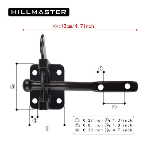Heavy Duty Gate Latch Set For Wooden Fences Self Closing Latch diagram with measurements, black finish zinc plated