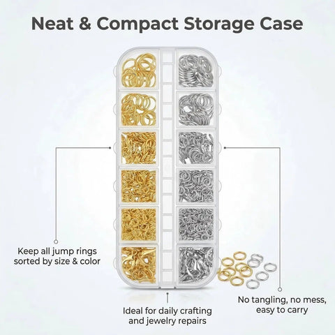 All In One Jewelry Making Kit With 1200 Pcs Small Open Jump Rings In Gold And Silver Assorted Sizes in storage case