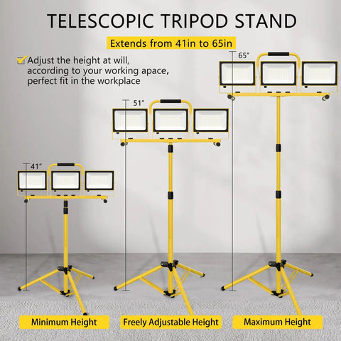 Beast 21,000 Lumen Dual Head LED Work Light With Stand showcasing telescopic tripod heights from 41 to 65 inches.