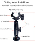 Heavy Duty Anti Vibration Trolling Motor Stabilizer Mount With 360 Degree Aluminum Bracket And Dual One Inch Rubber Ball Clamp showing adjustable jaw opening.