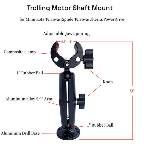 Heavy Duty Anti Vibration Trolling Motor Stabilizer Mount With 360 Degree Aluminum Bracket And Dual One Inch Rubber Ball Clamp showing adjustable jaw opening.