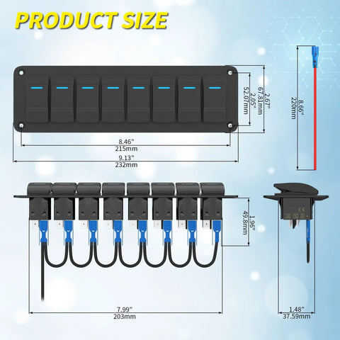 Dimensions of 8 Gang Rocker Switch Panel Waterproof 12V Blue LED Light Bar Switch Panel With Prewired Three Pin On Off