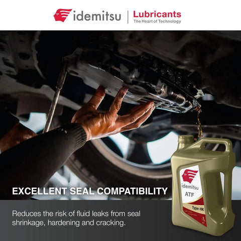 Hands changing transmission fluid with ATF Type HK Automatic Transmission Fluid For Hyundai And Kia SP III Spec 5 Quart Bottle