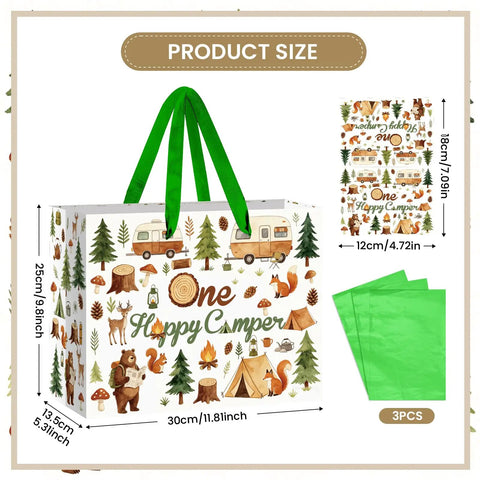 Camping Themed Gift Bag With Tissue Paper And Greeting Card Watercolor Woodland Forest Adventure Design large size info