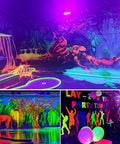 Upgraded 100W Black Light Bar 2 Pack With 104 LEDs illuminating body paint and fluorescent posters at a vibrant party