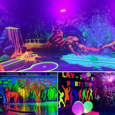 Upgraded 100W Black Light Bar 2 Pack With 104 LEDs illuminating body paint and fluorescent posters at a vibrant party