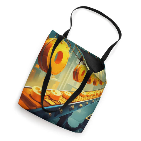 Cheese Factory Conveyor Belt Art Tote Bag For Cheese Lovers And Food Lovers colorful kitchen accessory with cheese motif