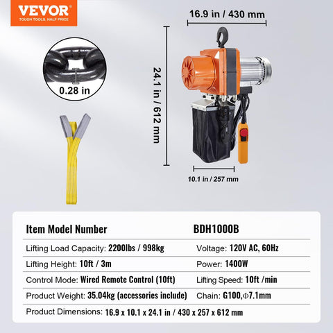 1 Ton Electric Chain Hoist Workhorse With 10 Ft Lift Height And 10 Ft Per Minute Speed 120V Single Phase Overhead Crane