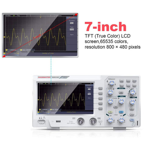 Dual Channel 110 MHz Digital Oscilloscope With 7 Inch TFT LCD Screen highlighting 800x480 resolution display details
