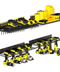 Power Tool Organizer Wall Mount Heavy Duty Cordless Drill Holder And Battery Shelf Metal Garage Storage Rack With Eight Drill Slots And Two Shelves For Tidy Clutter Free Workshop, displaying tools and accessories neatly organized.