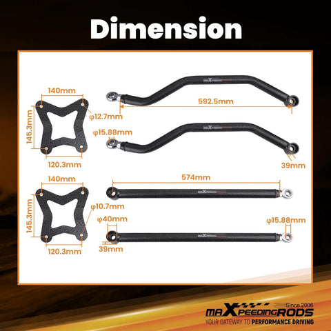 Rear Radius Arms For Polaris RZR XP 1000 And XP 4 1000 2014 Up High Clearance Beefed Up Heavy Duty Suspension Upgrade For Tough Trails And Improved Ground Clearance. black steel arms with 592.5mm and 574mm dimensions