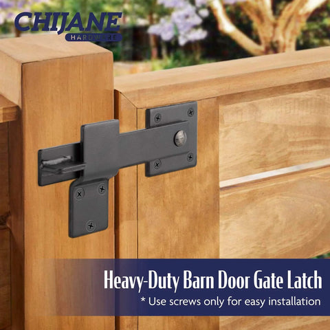 Heavy Duty 6 Inch Farm Flip Gate Latch For Outdoor Wood Fence And Barn Doors, Solid Black Gate Lock Hardware installed on gate