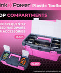 Pink Tool Box Set For Women with 16.5 inch and 10 inch boxes, open to show compartments for sewing, DIY, and crafts.