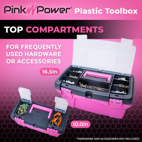 Pink Tool Box Set For Women with 16.5 inch and 10 inch boxes, open to show compartments for sewing, DIY, and crafts.