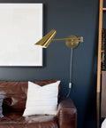 Plug In Wall Sconce Set Of 2 With Brass Swing Arm Lights For Bedroom And Living Room, adjustable on dark wall above sofa