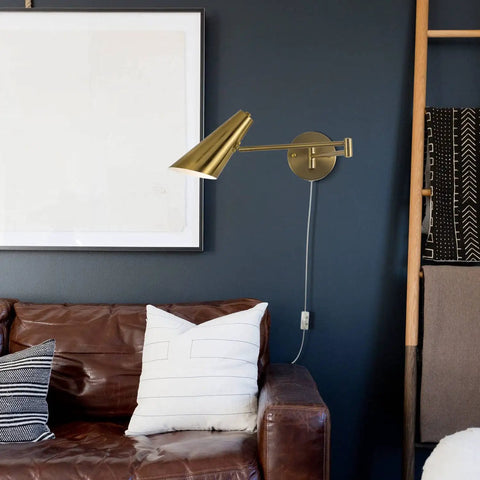 Plug In Wall Sconce Set Of 2 With Brass Swing Arm Lights For Bedroom And Living Room, adjustable on dark wall above sofa