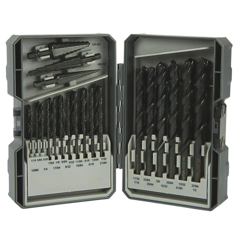 32 Piece SAE High Speed Steel Drill Bit And Step Bit Set With Organized Case open showing bits for various projects