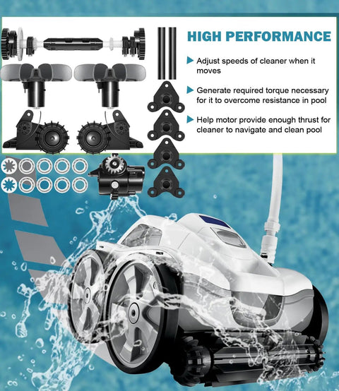 Pro Grade Tune Up Kit For Polaris Quattro P40 P4000 Pool Cleaner Replacement Parts Kit With Drive Shaft Gearbox Axles Bearings And Cyclonic Turbines Do It Yourself Easy Install showing parts and cleaner in pool