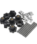 Rrina eight-piece black nylon star knob set with M6 through-hole knobs and screws, nuts, washers front view