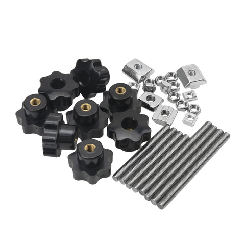 Rrina eight-piece black nylon star knob set with M6 through-hole knobs and screws, nuts, washers front view