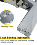 Close-up of 6 Inch Hand Seamer for Sheet Metal Straight Jaw Bender Tool with non-slip handle showing 1/4 inch bending increments.