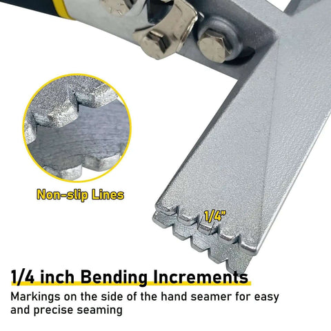 Close-up of 6 Inch Hand Seamer for Sheet Metal Straight Jaw Bender Tool with non-slip handle showing 1/4 inch bending increments.