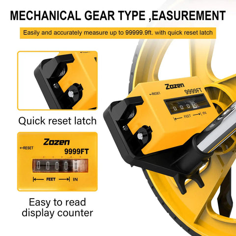 Close-up of Distance Measuring Wheel With Feet And Inches showing mechanical gear, easy-to-read counter, and quick reset latch
