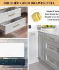 Brushed gold drawer pull on white cabinets, shown in various settings, including kitchen and bedroom; part of a 30 Pack Gold Cabinet Handles With 3 Inch Hole Centers Brushed Brass Finish Stainless Steel Dresser Drawer Pulls 5 Inch Overall Length Fingerprint Resistant Durable Kitchen Bathroom Bedroom Furniture Hardware set.