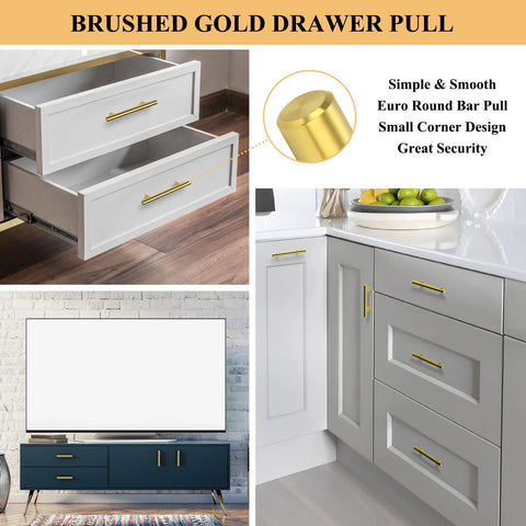 Brushed gold drawer pull on white cabinets, shown in various settings, including kitchen and bedroom; part of a 30 Pack Gold Cabinet Handles With 3 Inch Hole Centers Brushed Brass Finish Stainless Steel Dresser Drawer Pulls 5 Inch Overall Length Fingerprint Resistant Durable Kitchen Bathroom Bedroom Furniture Hardware set.