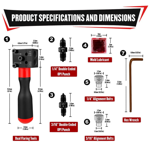 YIYITOOLS 7-piece brake line flaring kit for 1/4 and 3/16 in tubing; dual flaring tool and lubricant.