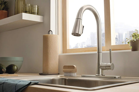 Precept Pull-Down Kitchen Faucet, 1.5 GPM Flow, Stainless Finish, 3-Function Sprayer With POWERinse in modern kitchen setting