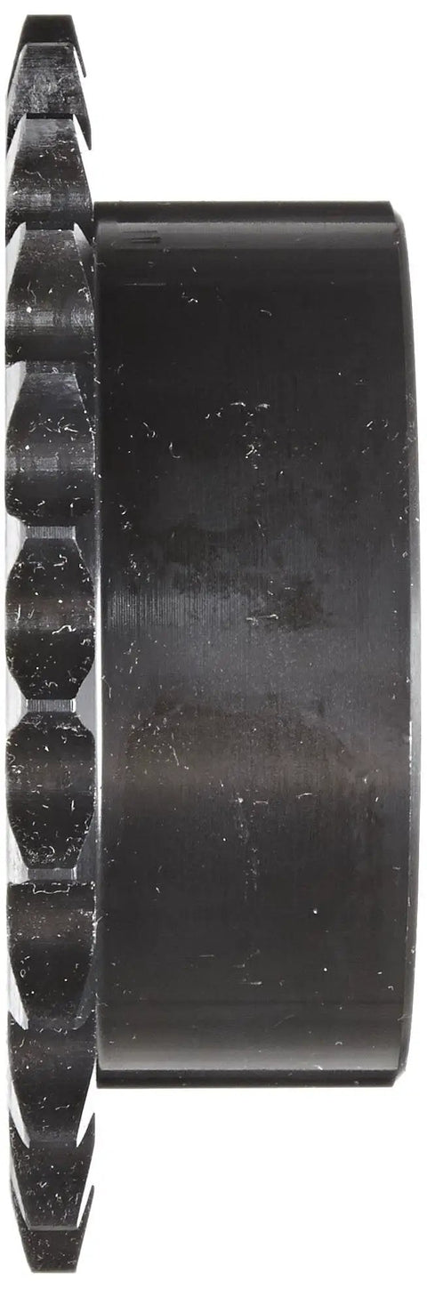Side view of Top Tier Single Strand Roller Chain Sprocket with 25 Teeth and Split Taper Bushing Made From Hardened Steel for 40 Pitch Half Inch ANSI Chains.