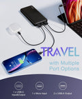 Slim Two Pack Portable Charger And 10000 Mah Power Bank For Travel connecting to phone and earbuds for charging on the go.