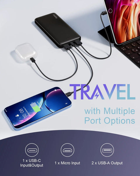 Slim Two Pack Portable Charger And 10000 Mah Power Bank For Travel connecting to phone and earbuds for charging on the go.