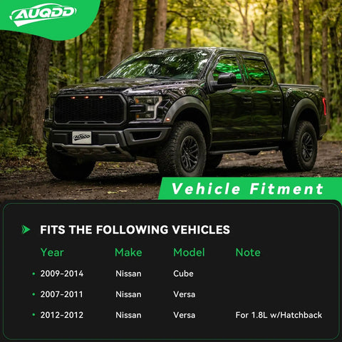 Black pickup truck with product fitment details for Nissan Cube and Versa on green overlay, forest backdrop.