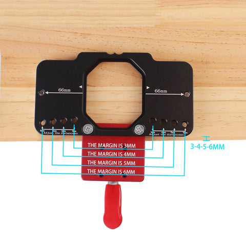 35mm Metal Concealed Hinge Jig With Quick Clamp And Dust Vacuum Adapter mounted on wood, showing measurement guides and red clamp handle