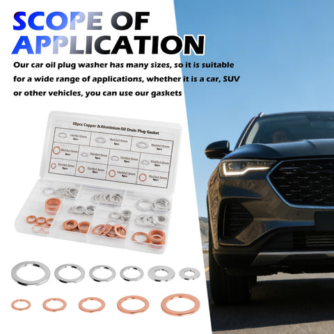 88 Piece Aluminum and Copper Oil Plug Washer Kit With 11 Sizes for M10 M12 M14 M16 M18 Car Drain Plugs Sealing Gasket Set
