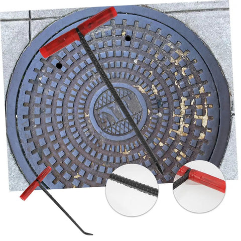 Badass Heavy Duty Steel Manhole Cover Lifter Hook Built With A Nifty T Handle on a storm drain cover for maintenance tasks.
