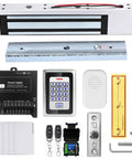 Heavy Duty 600Lb Magnetic Door Lock Kit with RFID keypad, remotes, exit button, ID card reader, and 110-240VAC to 12VDC power supply.