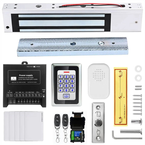 Heavy Duty 600Lb Magnetic Door Lock Kit with RFID keypad, remotes, exit button, ID card reader, and 110-240VAC to 12VDC power supply.