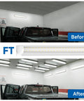 Comparison of garage lighting with and without Ultra Bright 4Ft LED Shop Light 40W 5000LM 5000K Daylight T8 Integrated Fixture Linkable