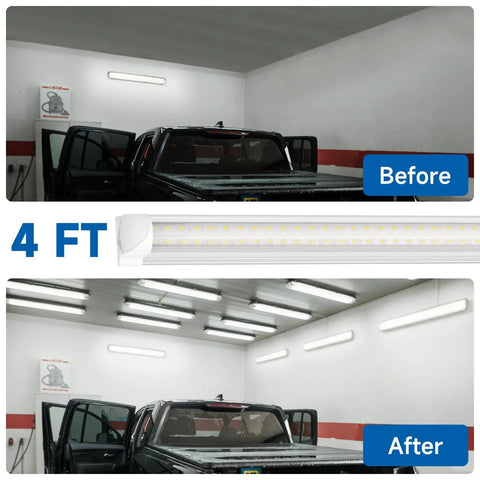 Comparison of garage lighting with and without Ultra Bright 4Ft LED Shop Light 40W 5000LM 5000K Daylight T8 Integrated Fixture Linkable