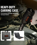 Impact wrench used in auto repair with Half Inch Drive Impact Socket Set, 65-Piece SAE And Metric, durable carrying case shown.