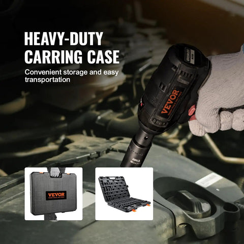 Impact wrench used in auto repair with Half Inch Drive Impact Socket Set, 65-Piece SAE And Metric, durable carrying case shown.